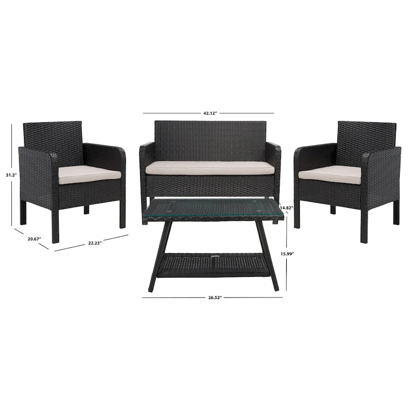 SAFAVIEH Ensemble de conversation de patio 4 pièces Zsolt en osier et acier d'extérieur - 42L x 31P x 21H