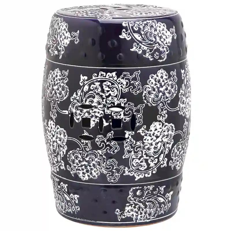 SAFAVIEH Lulie Tabouret de Jardin Décoratif en Céramique Motif Floral Peint Midnight Navy/Blanc