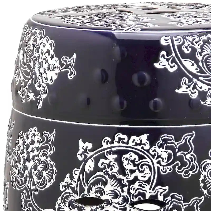 SAFAVIEH Lulie Tabouret de Jardin Décoratif en Céramique Motif Floral Peint Midnight Navy/Blanc