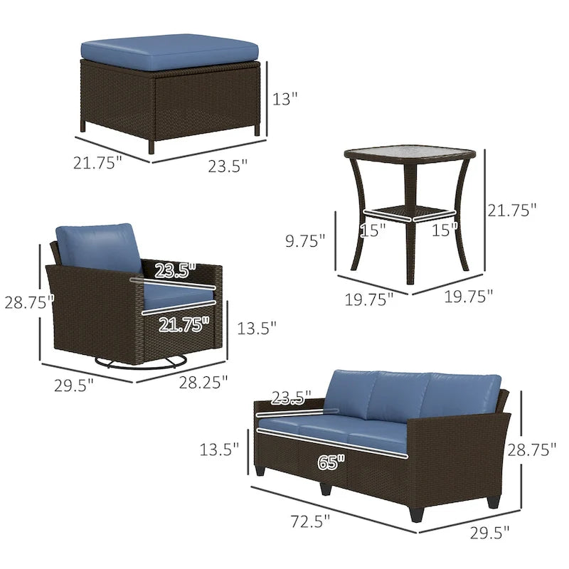 Ensemble de mobilier de jardin Outsunny 6 pièces avec canapé trois places en rotin, fauteuils à bascule pivotants, repose-pieds