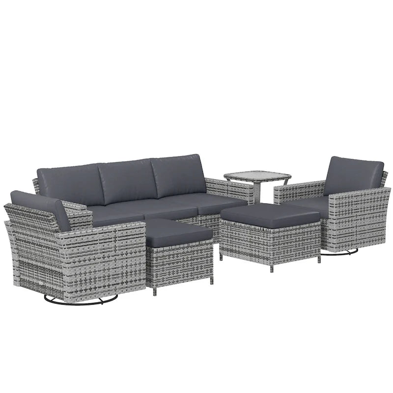 Ensemble de mobilier de jardin Outsunny 6 pièces avec canapé trois places en rotin, fauteuils à bascule pivotants, repose-pieds