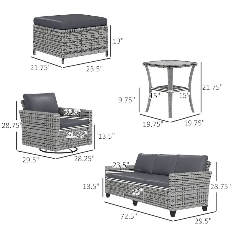 Ensemble de mobilier de jardin Outsunny 6 pièces avec canapé trois places en rotin, fauteuils à bascule pivotants, repose-pieds