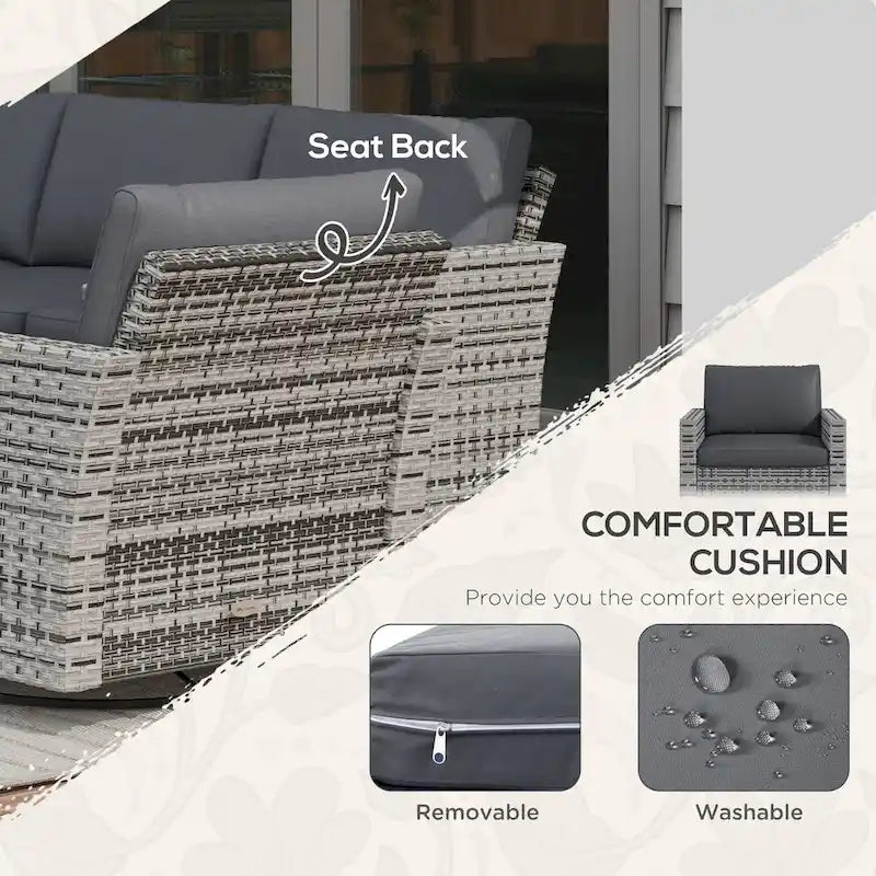 Ensemble de mobilier de jardin Outsunny 6 pièces avec canapé trois places en rotin, fauteuils à bascule pivotants, repose-pieds
