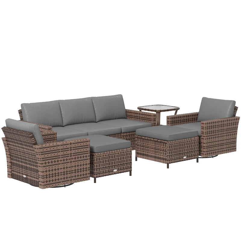 Ensemble de mobilier de jardin Outsunny 6 pièces avec canapé trois places en rotin, fauteuils à bascule pivotants, repose-pieds
