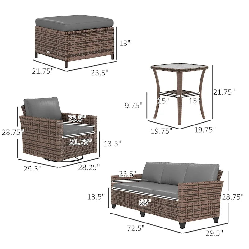 Ensemble de mobilier de jardin Outsunny 6 pièces avec canapé trois places en rotin, fauteuils à bascule pivotants, repose-pieds