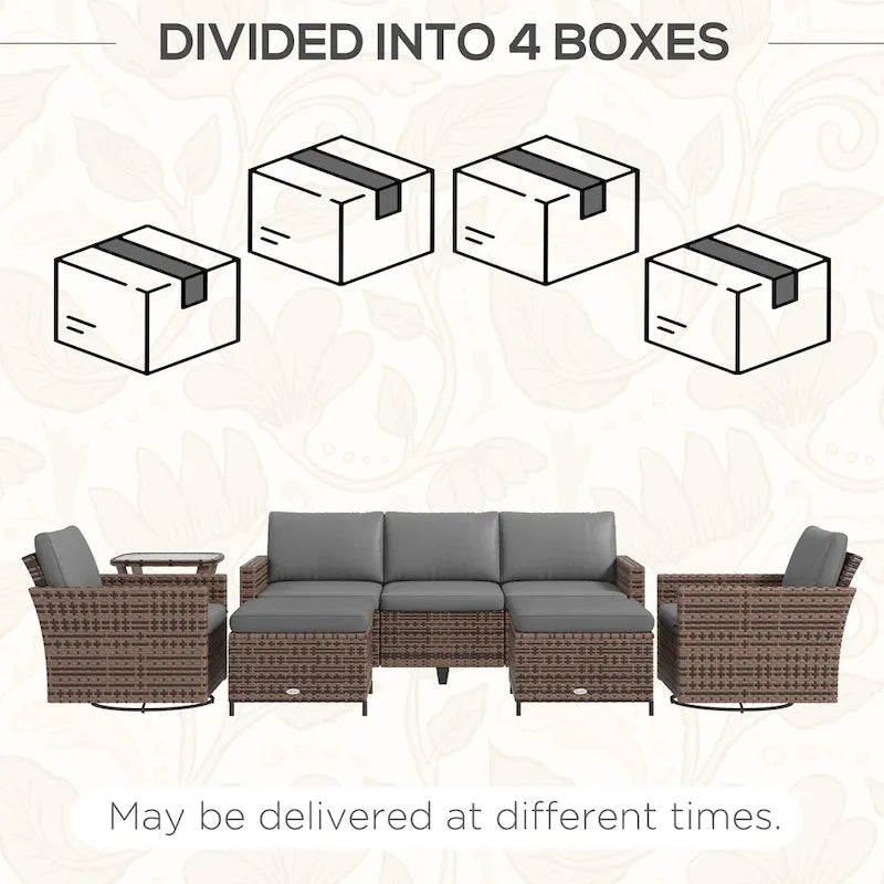 Ensemble de mobilier de jardin Outsunny 6 pièces avec canapé trois places en rotin, fauteuils à bascule pivotants, repose-pieds