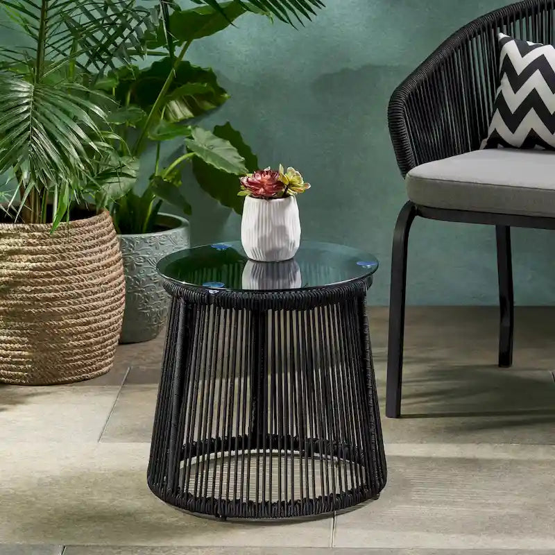 Table d'appoint en corde tressée moderne d'extérieur Moonstone avec plateau en verre trempé par Christopher Knight Home