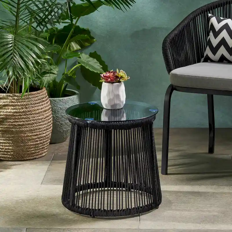 Moonstone Modern Outdoor Rope Weave Side Table with Tempered Glass Top by Christopher Knight Home