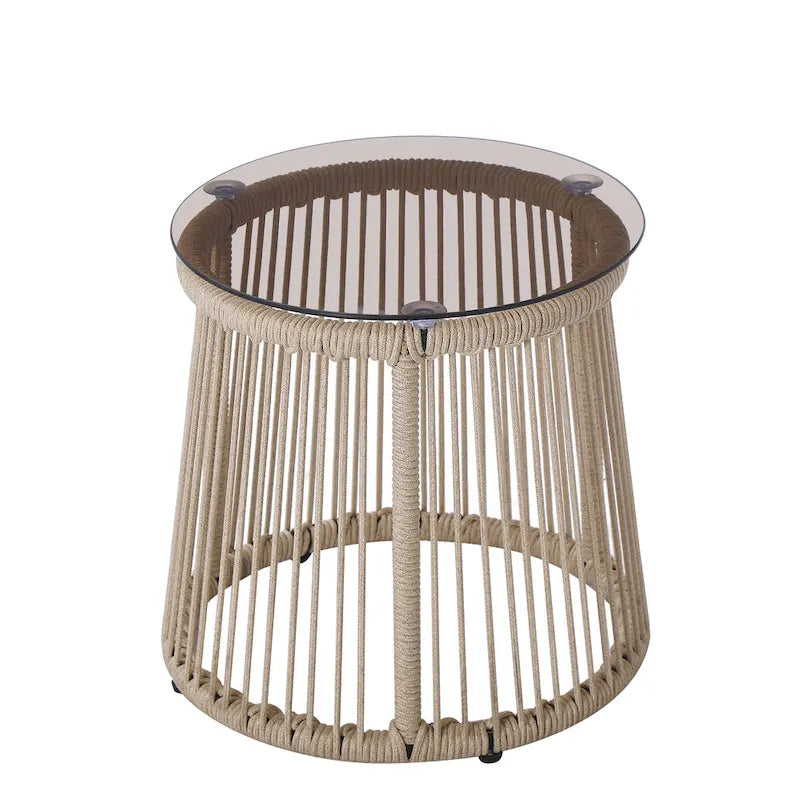 Table d'appoint en corde tressée moderne d'extérieur Moonstone avec plateau en verre trempé par Christopher Knight Home