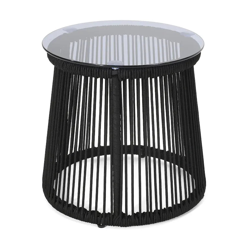 Table d'appoint en corde tressée moderne d'extérieur Moonstone avec plateau en verre trempé par Christopher Knight Home