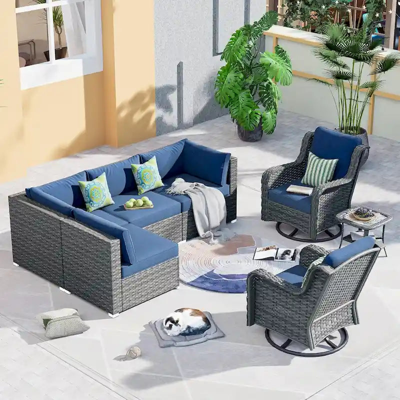 OVIOS Ensemble de mobilier de patio en rotin osier 7 pièces Ensemble de fauteuils à bascule pivotants