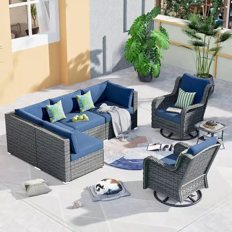 OVIOS Ensemble de mobilier de patio en rotin osier 7 pièces Ensemble de fauteuils à bascule pivotants