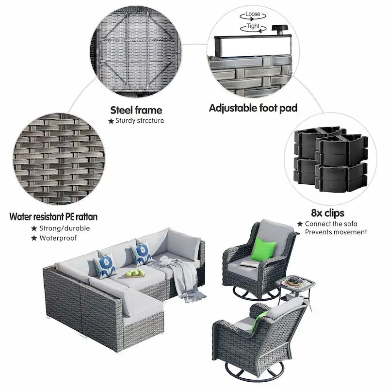 OVIOS Ensemble de mobilier de patio en rotin osier 7 pièces Ensemble de fauteuils à bascule pivotants