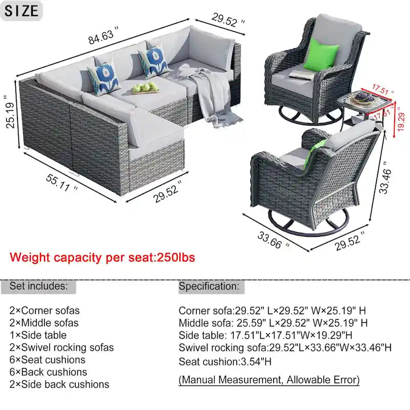 OVIOS Ensemble de mobilier de patio en rotin osier 7 pièces Ensemble de fauteuils à bascule pivotants