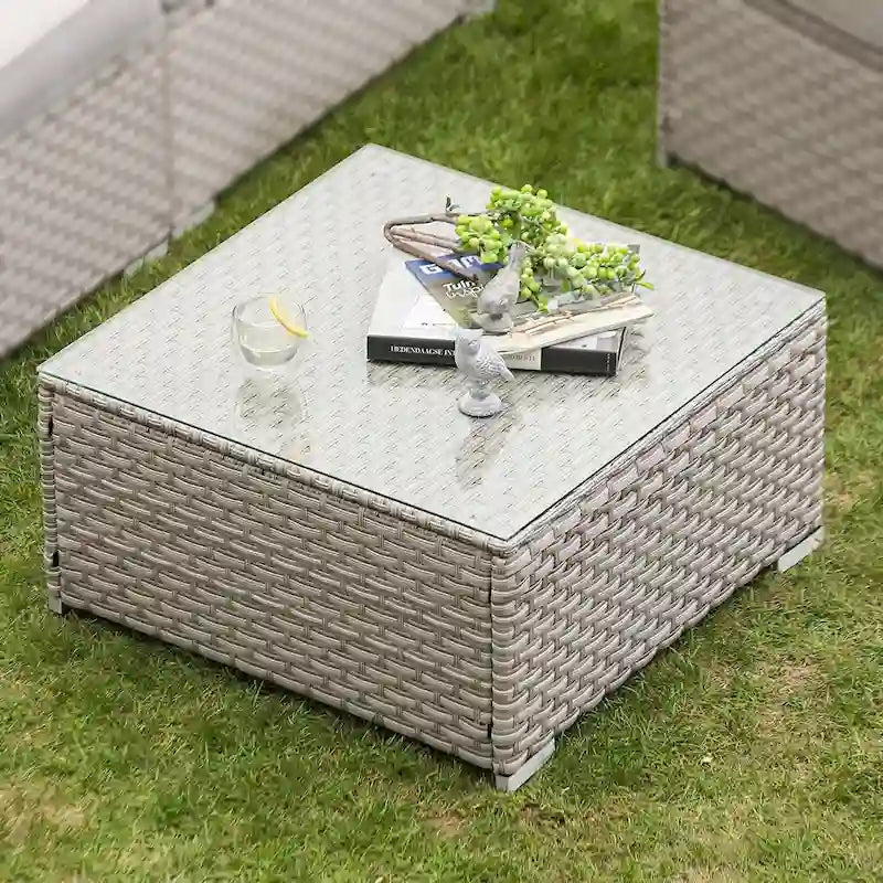 Table basse d'extérieur COSIEST en osier avec plateau en verre