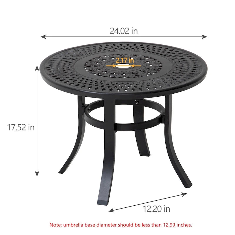 Pellebant Table basse ronde d'extérieur en fonte d'aluminium avec trou pour parasol - 24.02L x 24.02W x 17.52H