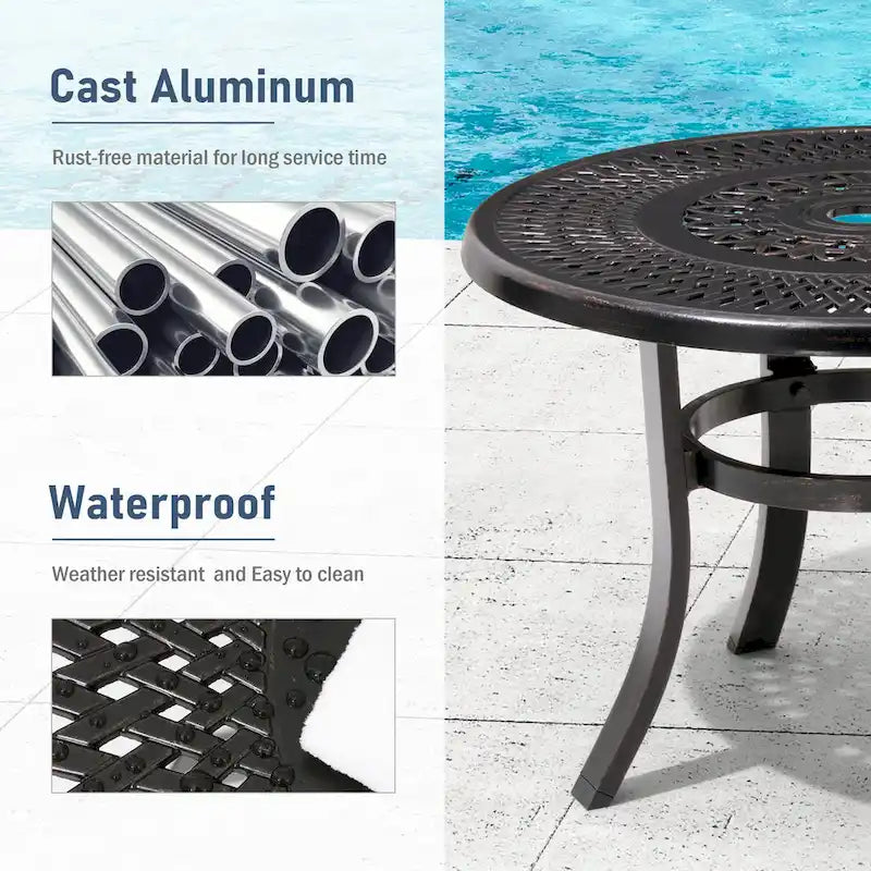 Pellebant Table basse ronde d'extérieur en fonte d'aluminium avec trou pour parasol - 24.02L x 24.02W x 17.52H