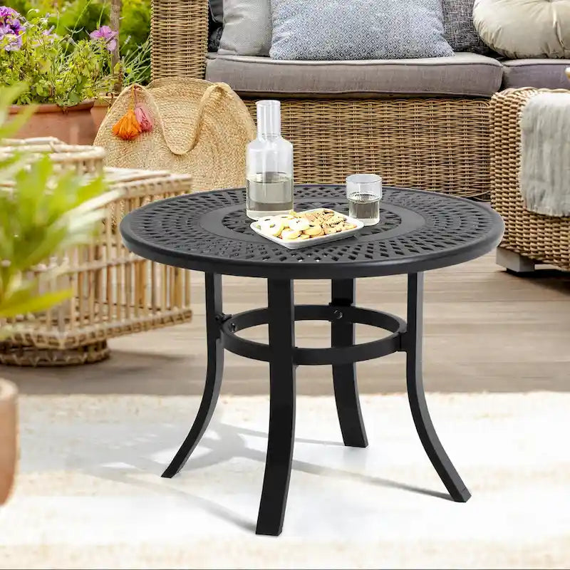 Pellebant Table basse ronde d'extérieur en fonte d'aluminium avec trou pour parasol - 24.02L x 24.02W x 17.52H