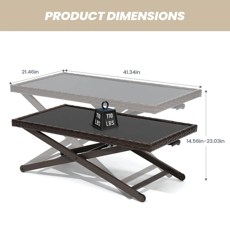 Table basse d'extérieur Pellébant, hauteur réglable, plateau en verre trempé