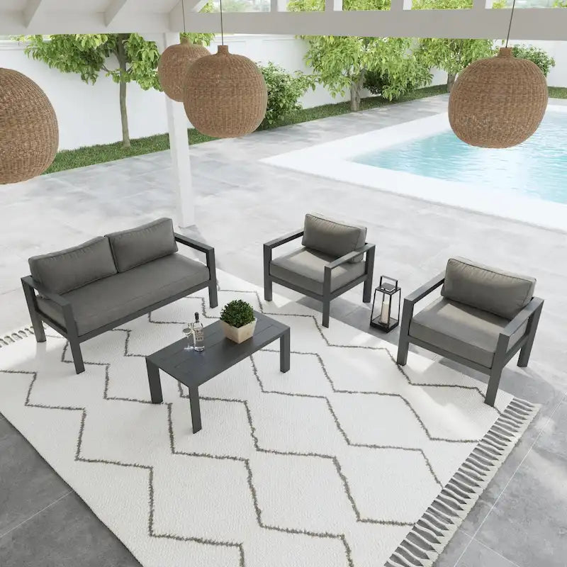Causeuse d'extérieur en aluminium gris Grayton avec chaises longues et table basse - 61 x 26 x 29
