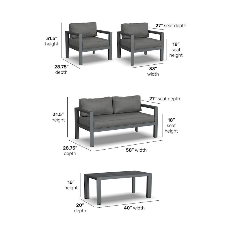 Causeuse d'extérieur en aluminium gris Grayton avec chaises longues et table basse - 61 x 26 x 29