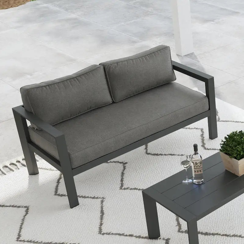 Causeuse d'extérieur en aluminium gris Grayton avec chaises longues et table basse - 61 x 26 x 29