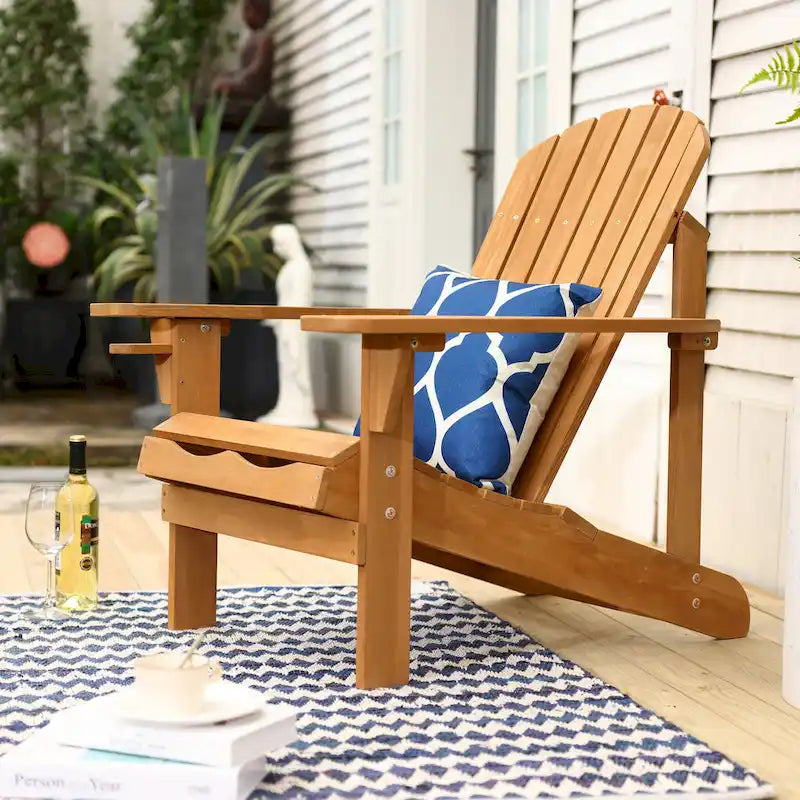 Chaise de jardin spacieuse Adirondack en bois marron avec porte-gobelet