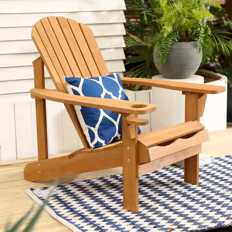 Chaise de jardin spacieuse Adirondack en bois marron avec porte-gobelet