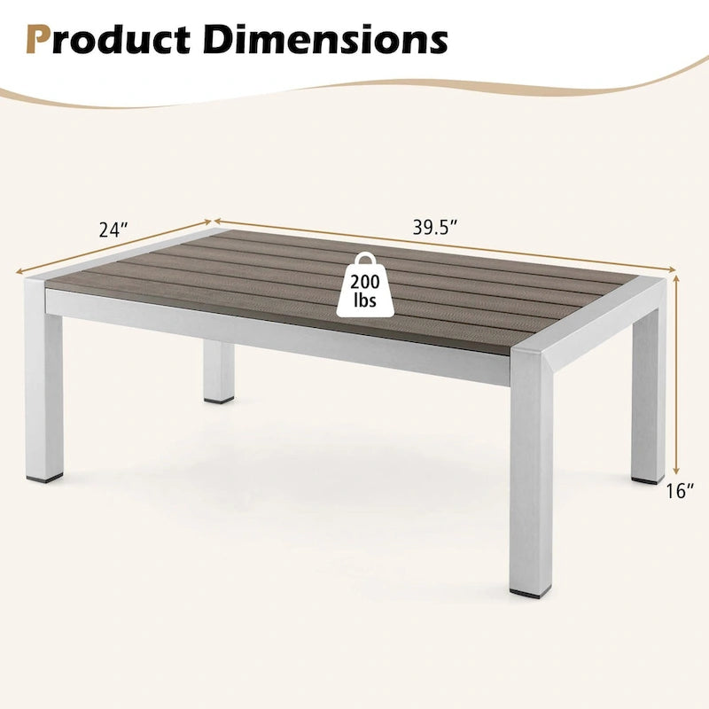 Table basse de patio en aluminium, rectangulaire, pour l'extérieur