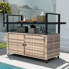 Wicker Outdoor Kitchen Serving Station with Storage Cabinet and Wheels - 51.2L x 19.7W x 35.4H