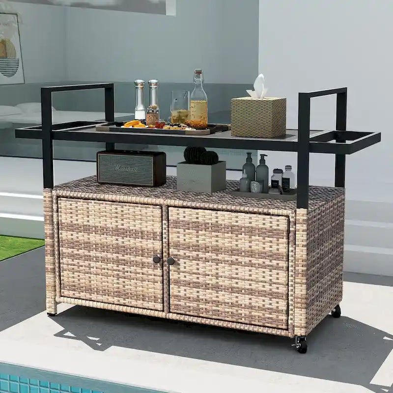 Dessertes d'extérieur en osier avec armoire de rangement et roulettes - 51,2L x 19,7l x 35,4H