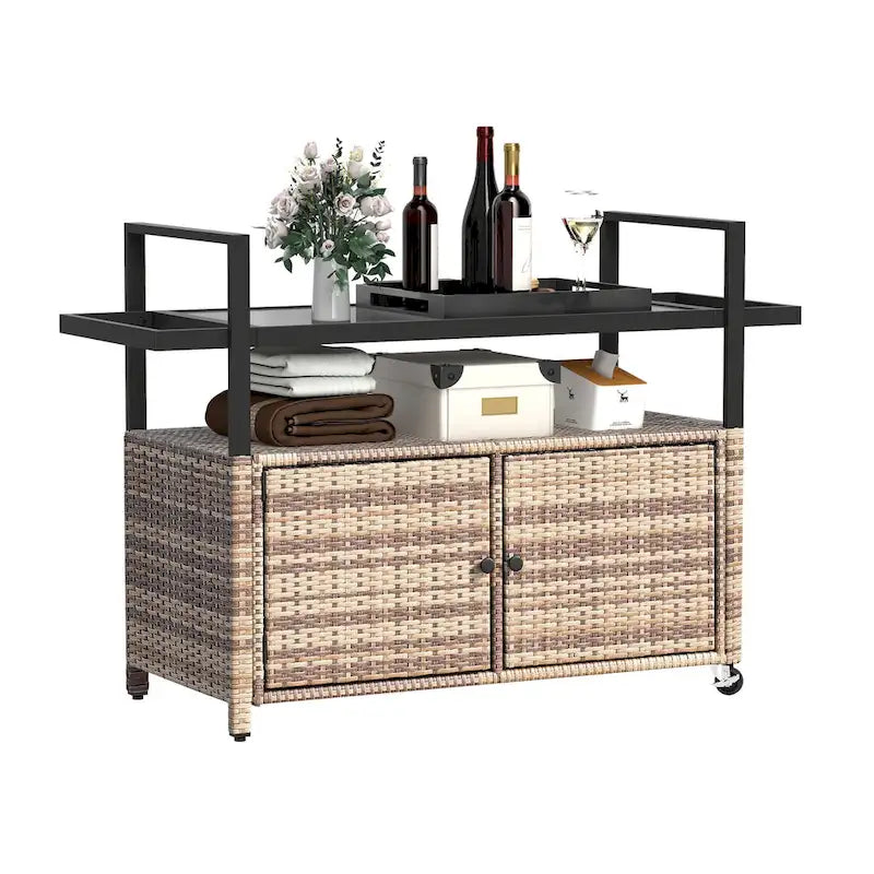 Dessertes d'extérieur en osier avec armoire de rangement et roulettes - 51,2L x 19,7l x 35,4H