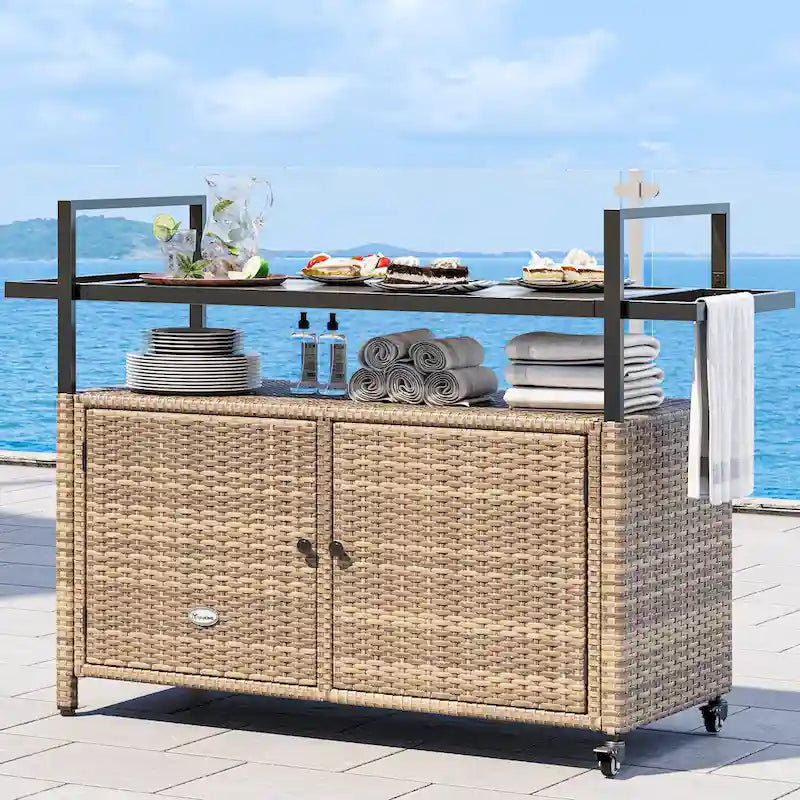 Dessertes d'extérieur en osier avec armoire de rangement et roulettes - 51,2L x 19,7l x 35,4H