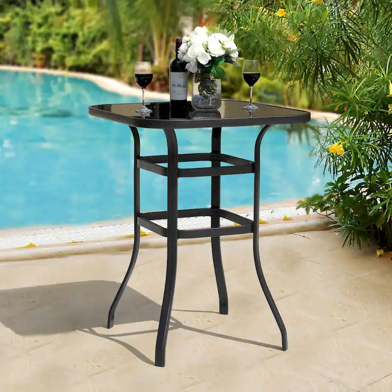 Table de bar carrée d'extérieur 32 pouces avec plateau en verre sérigraphié