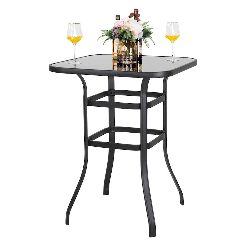Table de bar carrée d'extérieur 32 pouces avec plateau en verre sérigraphié
