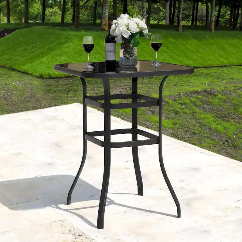 Table de bar carrée d'extérieur 32 pouces avec plateau en verre sérigraphié