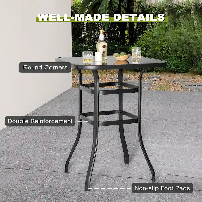 Table de bar carrée d'extérieur 32 pouces avec plateau en verre sérigraphié
