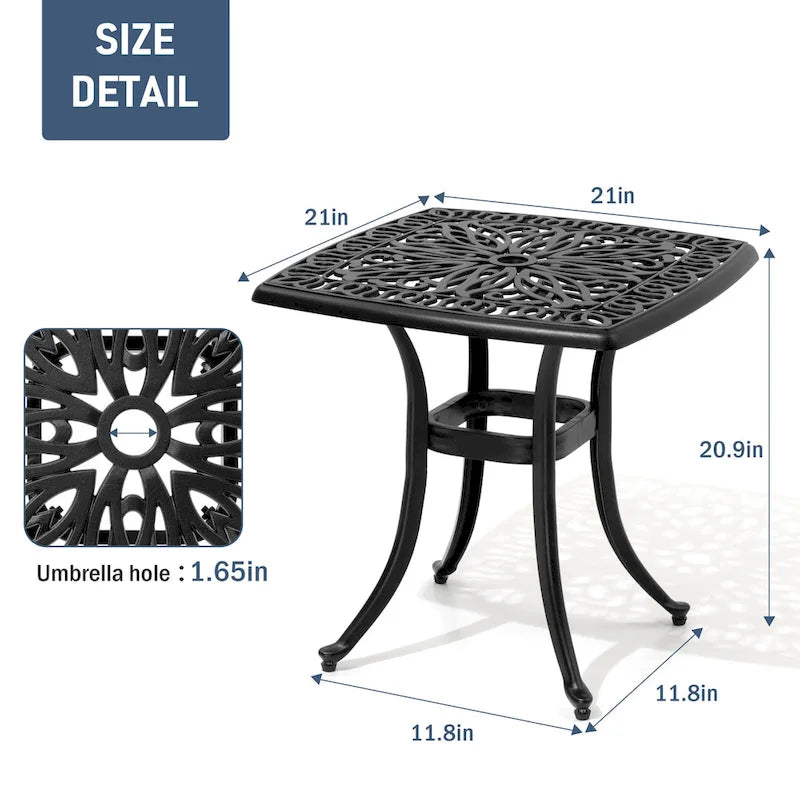 Table d'appoint d'extérieur Pellebant en fonte d'aluminium avec trou pour parasol - 53,3 cm de long * 53,3 cm de large * 53,1 cm de haut