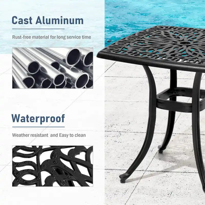 Table d'appoint d'extérieur Pellebant en fonte d'aluminium avec trou pour parasol - 53,3 cm de long * 53,3 cm de large * 53,1 cm de haut