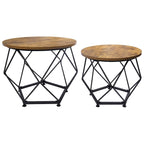 Ensemble de 2 tables basses d'extérieur rondes en acier marron avec plateau en bois