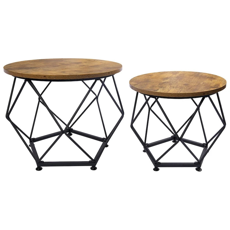 Ensemble de 2 tables basses d'extérieur rondes en acier marron avec plateau en bois