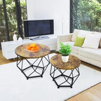 Ensemble de 2 tables basses d'extérieur rondes en acier marron avec plateau en bois