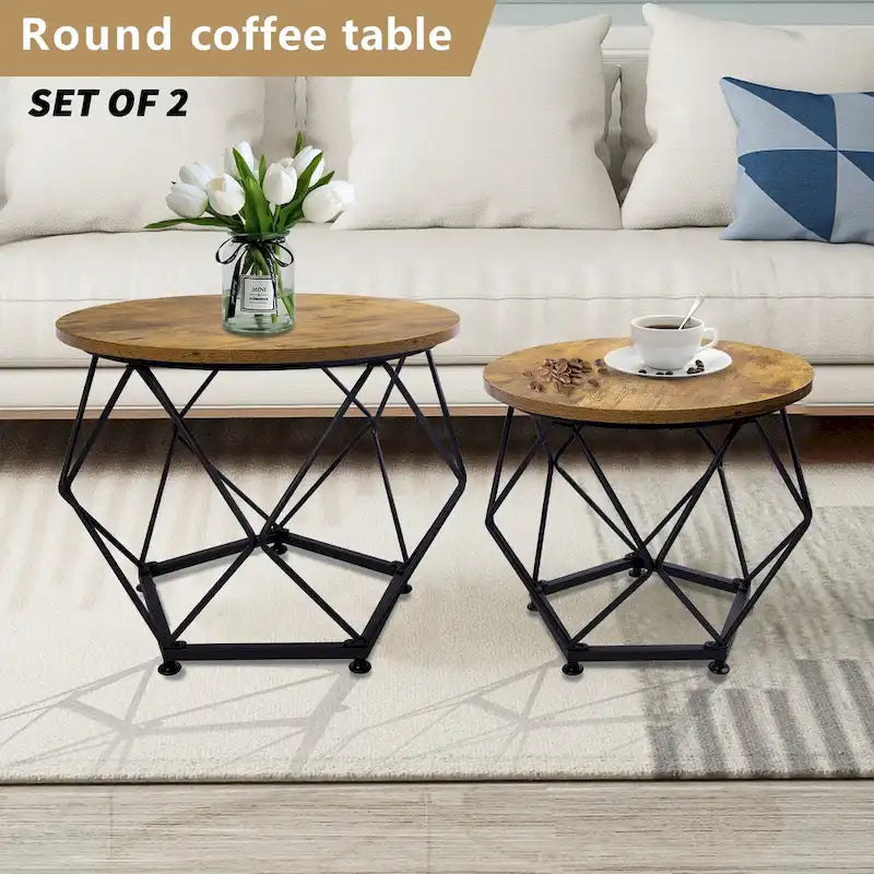 Ensemble de 2 tables basses d'extérieur rondes en acier marron avec plateau en bois