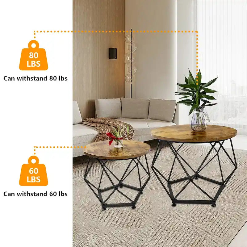 Ensemble de 2 tables basses d'extérieur rondes en acier marron avec plateau en bois