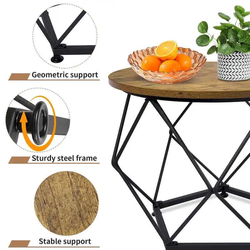 Ensemble de 2 tables basses d'extérieur rondes en acier marron avec plateau en bois