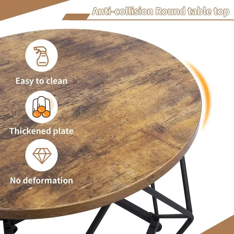 Ensemble de 2 tables basses d'extérieur rondes en acier marron avec plateau en bois