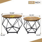 Ensemble de 2 tables basses d'extérieur rondes en acier marron avec plateau en bois
