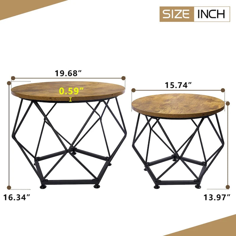 Ensemble de 2 tables basses d'extérieur rondes en acier marron avec plateau en bois