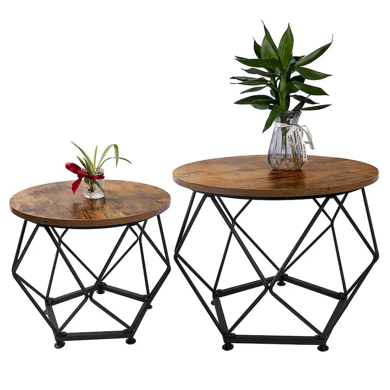 Ensemble de 2 tables basses d'extérieur rondes en acier marron avec plateau en bois