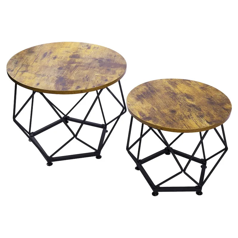 Ensemble de 2 tables basses d'extérieur rondes en acier marron avec plateau en bois
